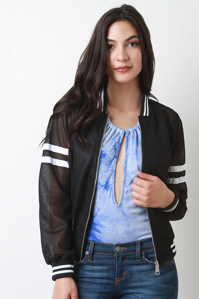 Honeycomb Mesh Stripe Trim Bomber Jacket