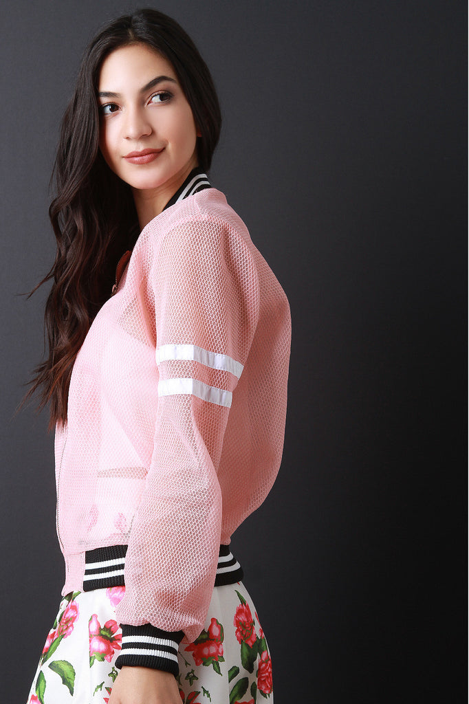 Honeycomb Mesh Stripe Trim Bomber Jacket