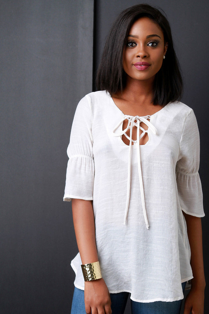 Woven Lace Up V-Neck Blouse