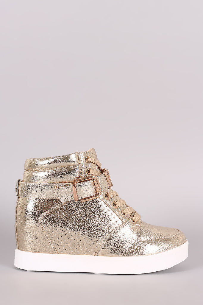 Liliana Fabulous Cracked Lace-Up High Top Wedge Sneaker