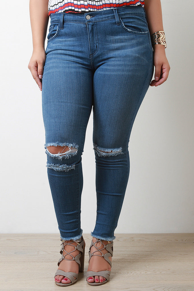 Mid Rise Distress Frayed Hem Jeans