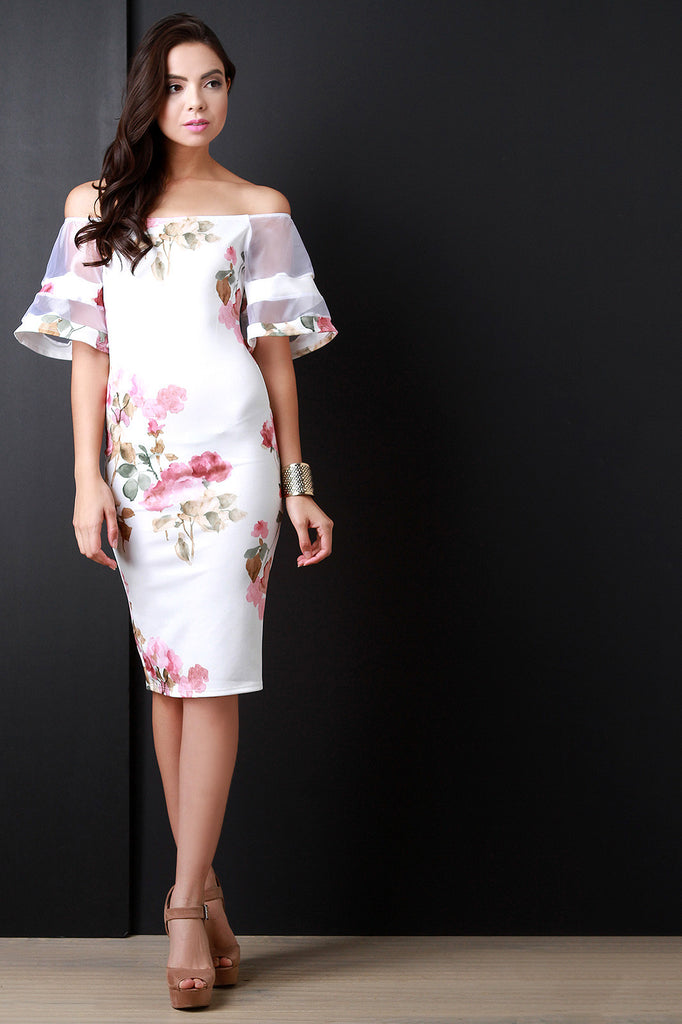 Contrast Floral Mesh Sleeves Off The Shoulder Dress