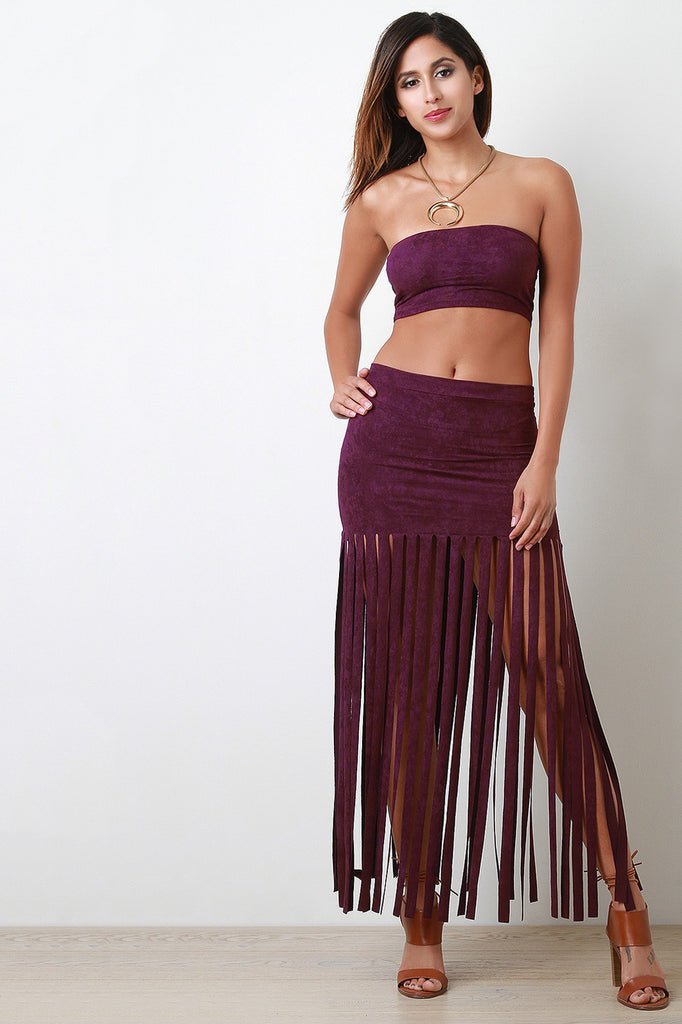 Vegan Suede Bandeau Fringed Two Piece Dress