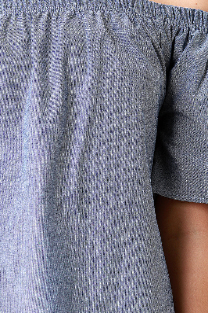 Chambray Off The Shoulder Slit Sleeves Dress