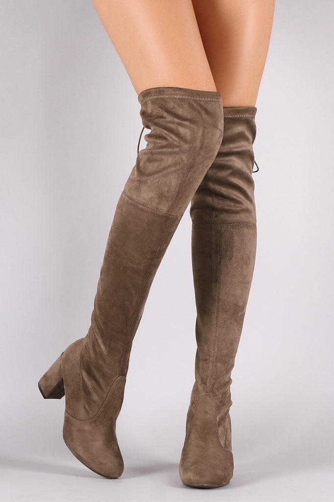 Suede Drawstring Tie Chunky Heeled Over-The-Knee Boots