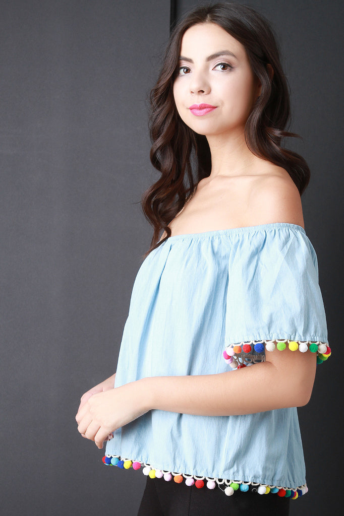 Pom Pom Chambray Bardot Top