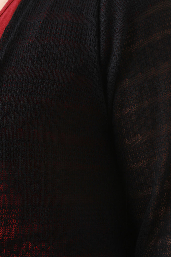 Contrast Knit Crochet Chiffon Longline Cardigan