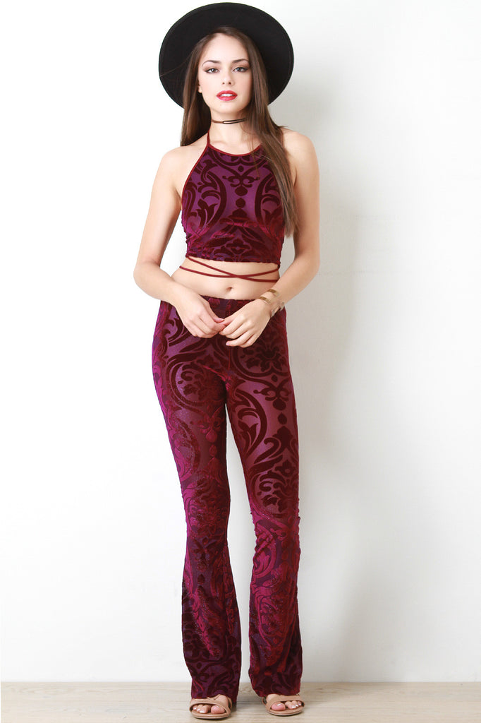 Velveteen Damask Bell Bottom Pants