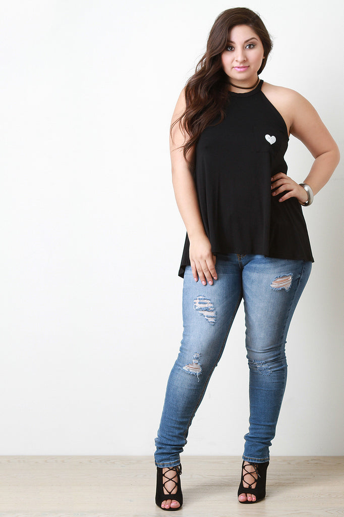 Mock Neck Sleeveless Heart Pocket Tank Top