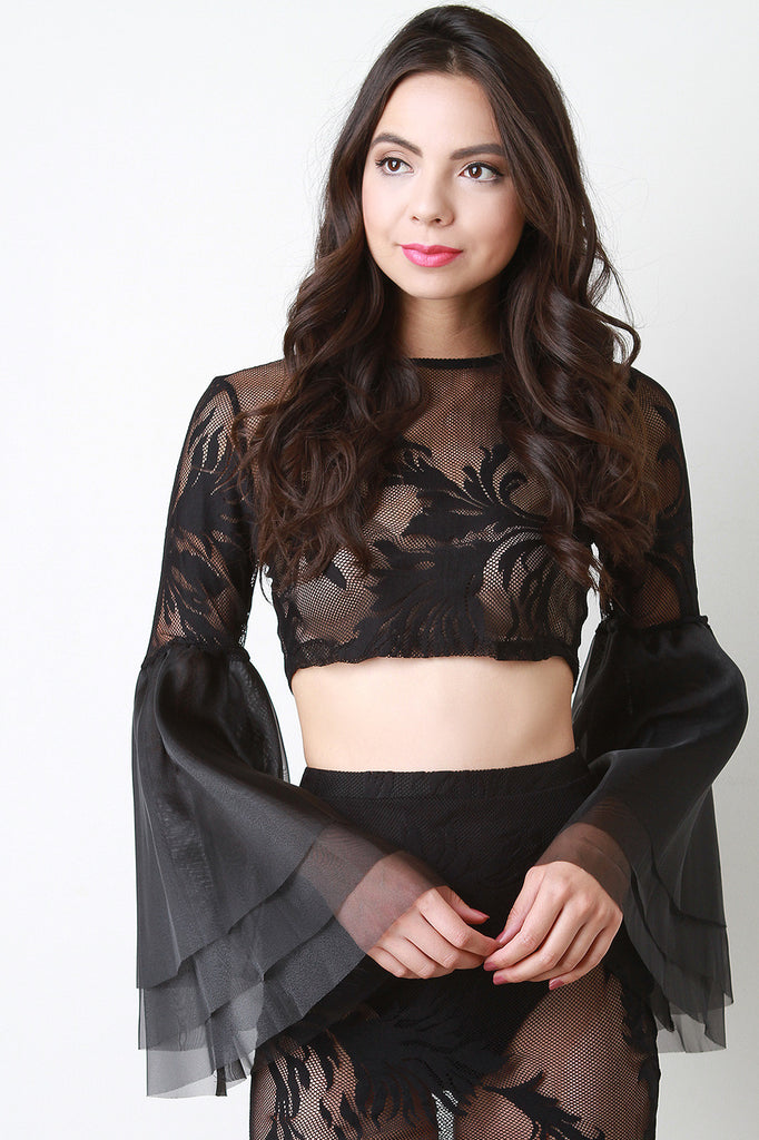 Sheer Patterned Mesh Layered Sleeves Top