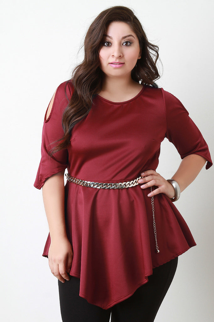 Cold Shoulder Peplum Chain Belted Top