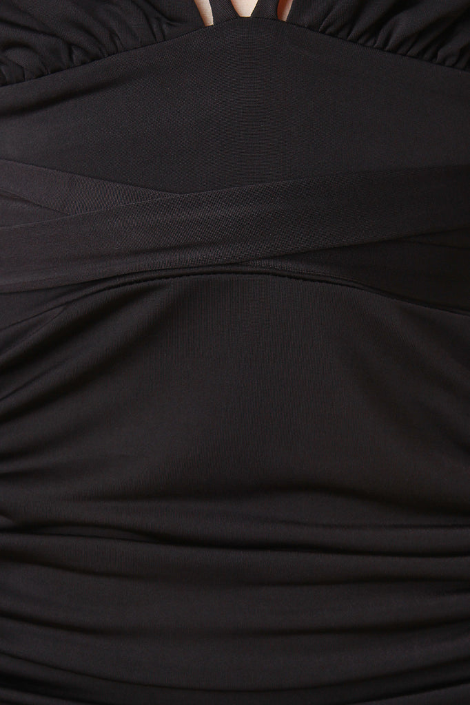 Plunging V Strappy Waist Tie High Slit Shirred Dress