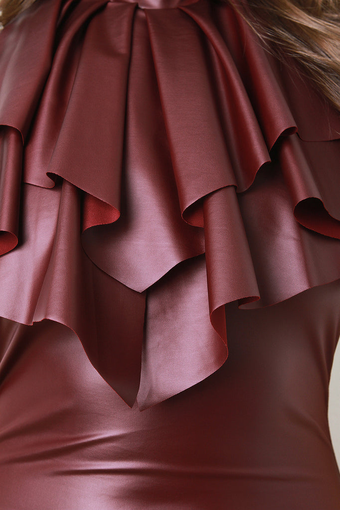 Vegan Leather Ruffle Mock Collar Midi Dress