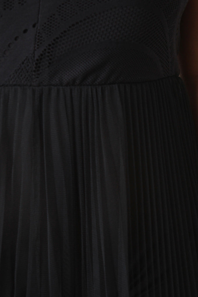 Pleated Mesh Overlay Sleeveless Romper