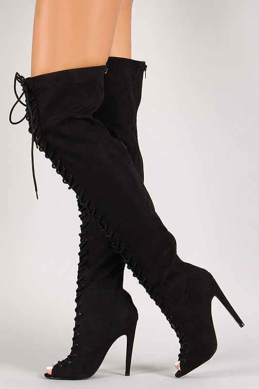 Qupid Lace Up Peep Toe Over-The-Knee Boot