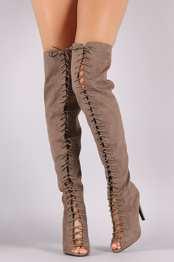Qupid Lace Up Peep Toe Over-The-Knee Boot