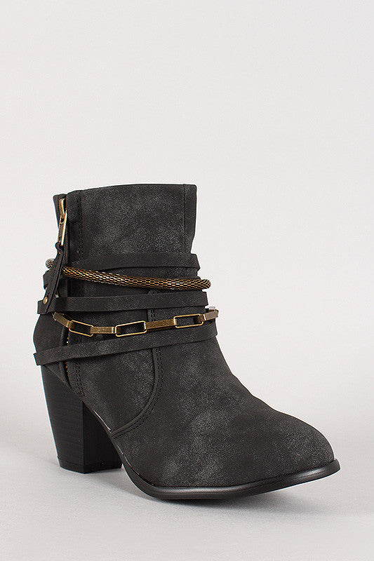 Liliana Strappy Chain Round Toe Cowboy Ankle Booties