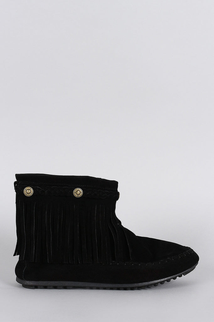 Suede Button Braided Fringe Round Toe Booties