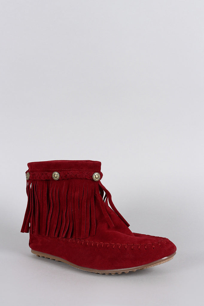 Suede Button Braided Fringe Round Toe Booties