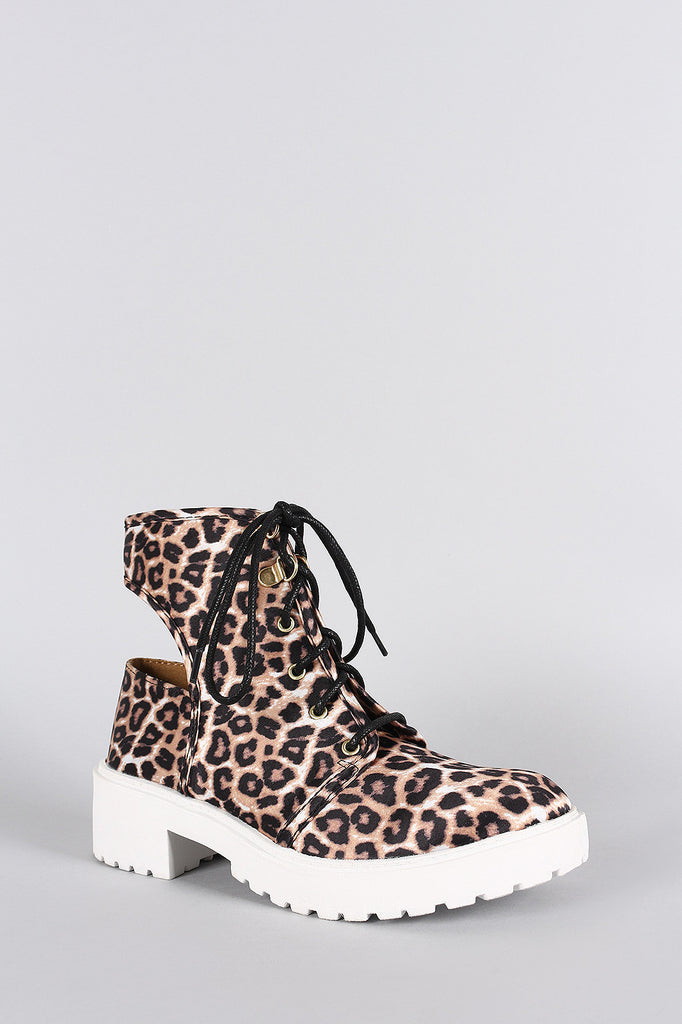 Qupid Leopard Round Toe Lace Up Cutout Booties