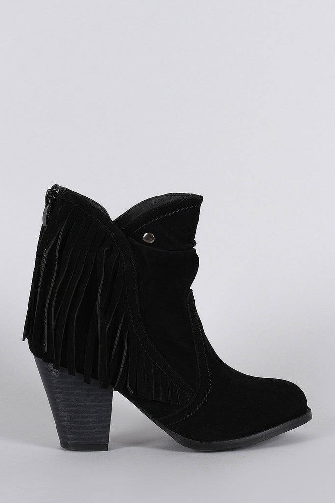 Suede Fringe Ruched Round Toe Heeled Western Ankle Boots