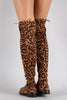 Bamboo Leopard Faux Suede Tied Flat Thigh High Boot