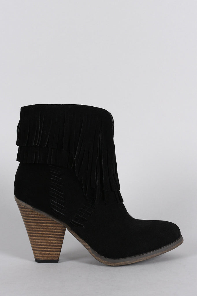 Suede Asymmetrical Fringe Chunky Stacked Heeled Ankle Boots