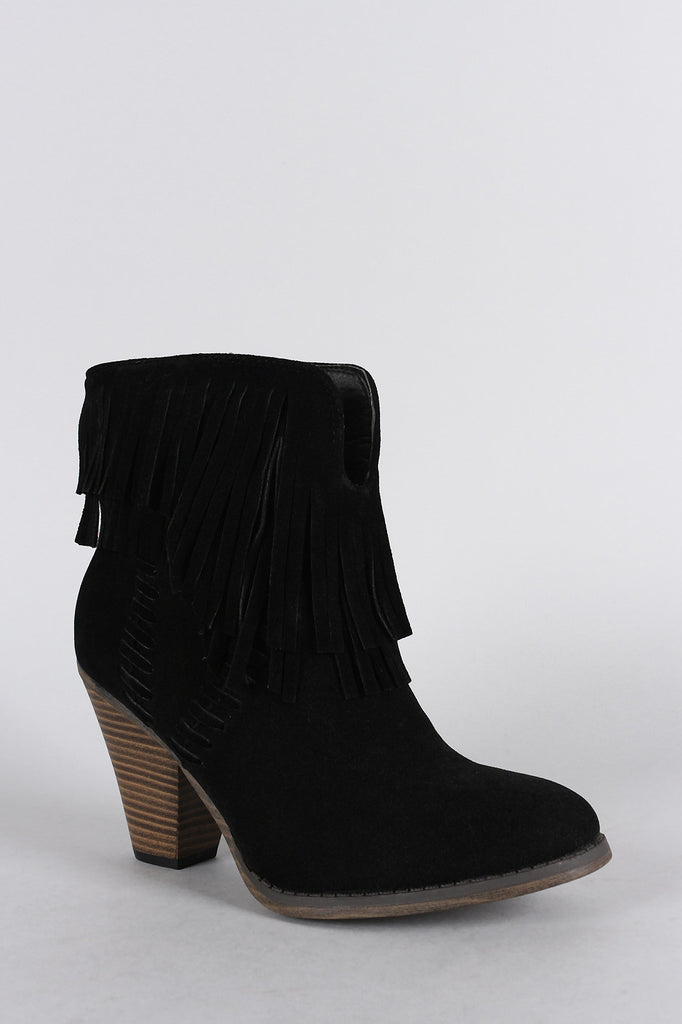 Suede Asymmetrical Fringe Chunky Stacked Heeled Ankle Boots