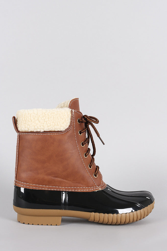 Faux Shearling Cuff Lace Up Duck Ankle Boots