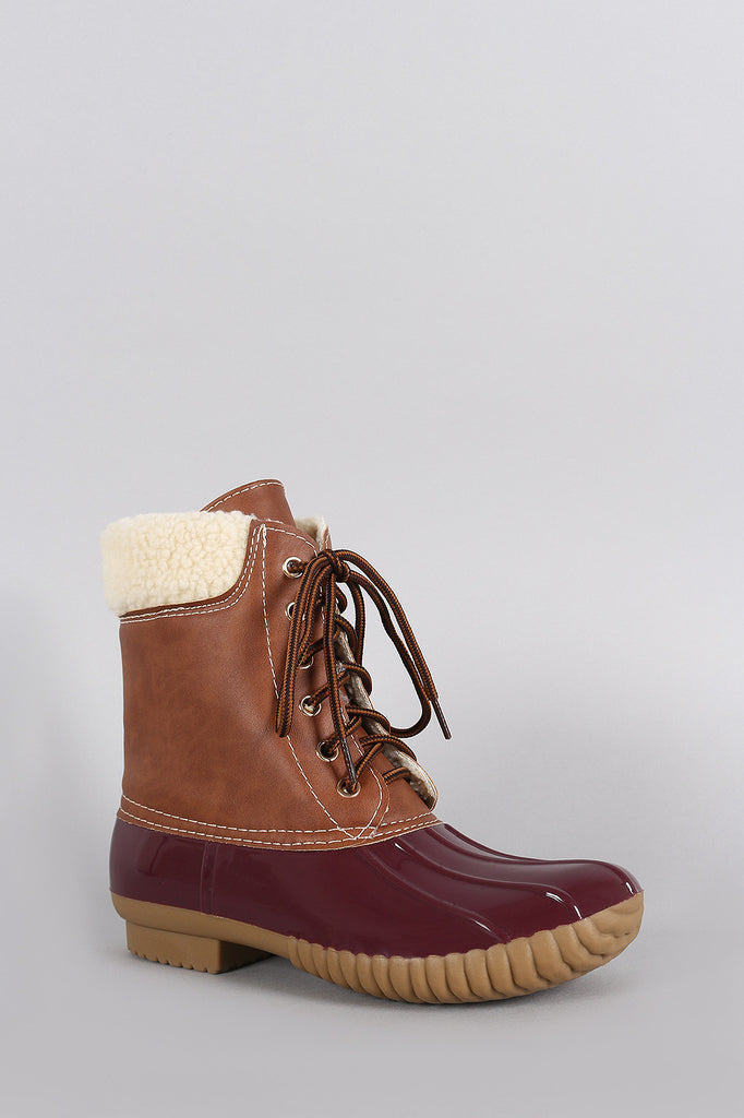 Faux Shearling Cuff Lace Up Duck Ankle Boots