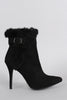 Anne Michelle Buckle Faux Fur Collar Pointy Toe Stiletto Ankle Boots