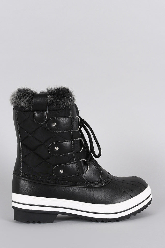 Faux Fur Cuff Lace Up Quilted Nylon Boots