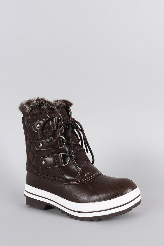 Faux Fur Cuff Lace Up Quilted Nylon Boots