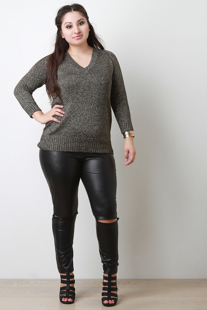 Metallic Knit V-Neck Long Sleeves Fitted Sweater Top