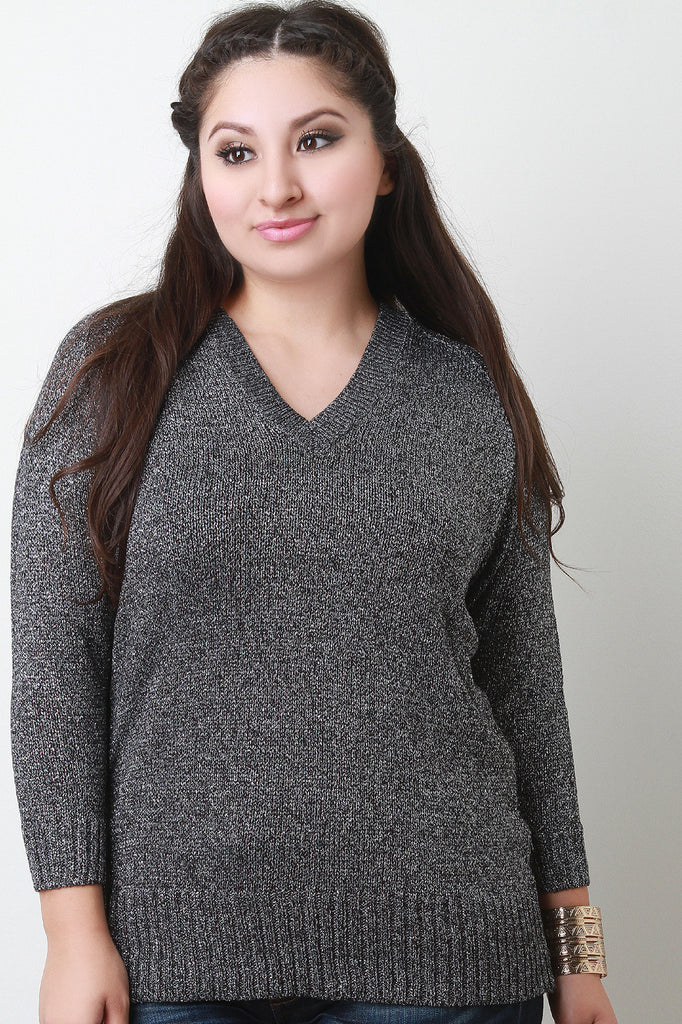 Metallic Knit V-Neck Long Sleeves Fitted Sweater Top