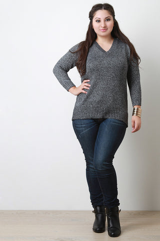 Metallic Knit V-Neck Long Sleeves Fitted Sweater Top