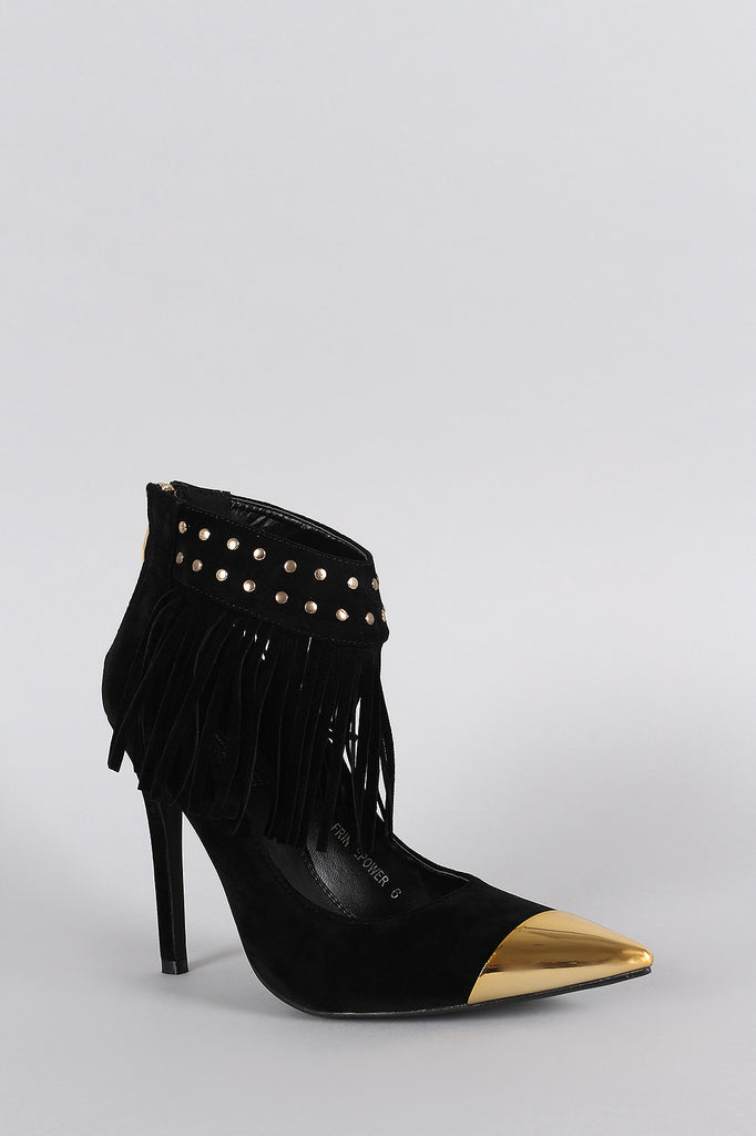 Studded Fringe Ankle Cuff Pointy Toe Stiletto Pump