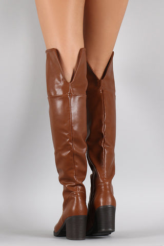 Bamboo Leather Folded Cuff Chunky Heeled Riding Boots