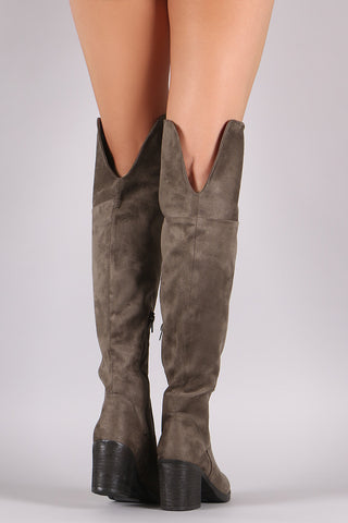 Bamboo Suede Folded Cuff Chunky Heeled Riding Boots