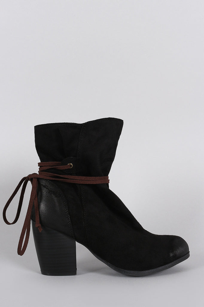 Qupid Suede Lace Tie Chunky Heeled Ankle Boots