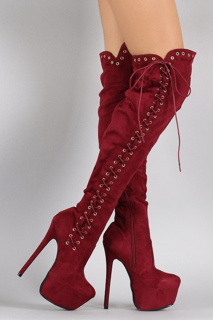 Suede Corset Lace Up Metal Eyelet Chunky Hidden Platform Stiletto Boots