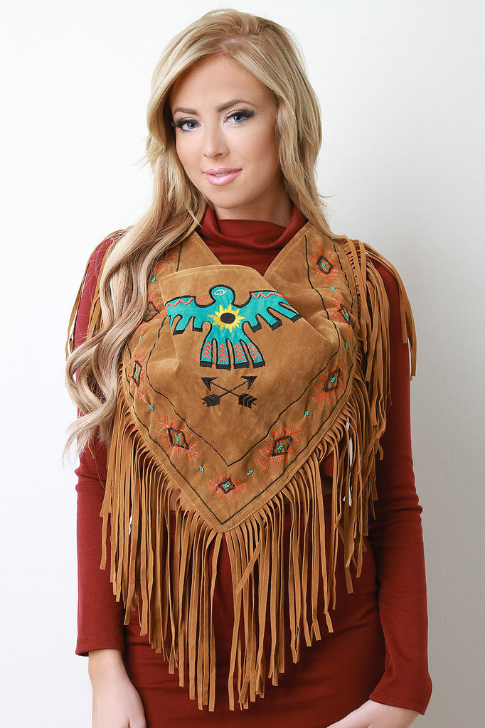 Thunderbird Embroidered Fringe Suede Triangle Scarf