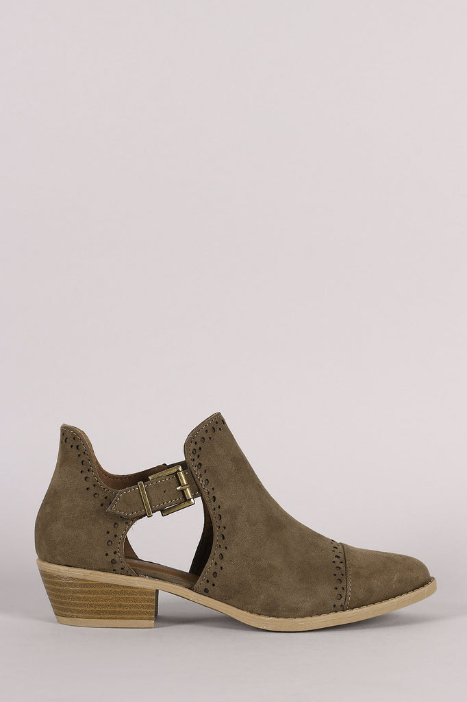 Qupid Perforated Suede Buckled Cutout Cowgirl Ankle Boots