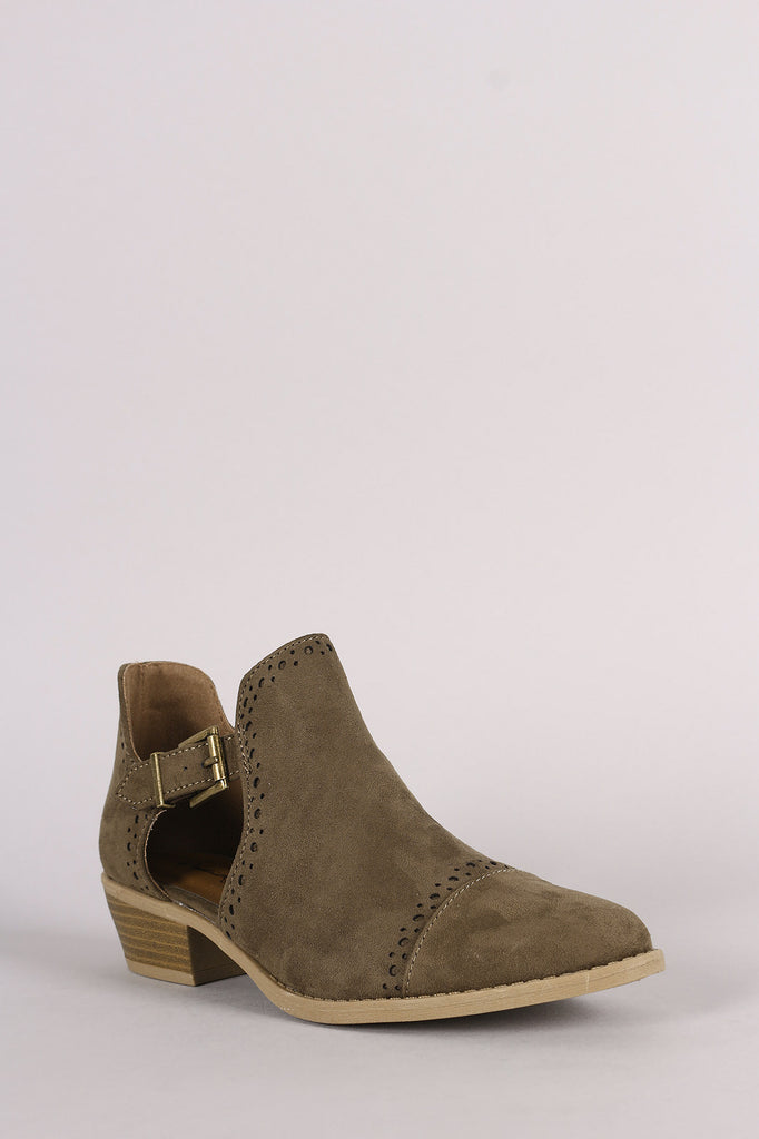 Qupid Perforated Suede Buckled Cutout Cowgirl Ankle Boots