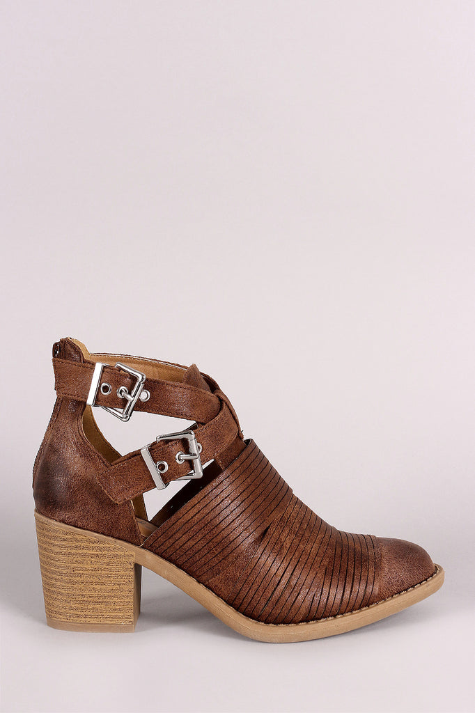 Qupid Slashed Crisscross Buckled Strap Chunky Heeled Ankle Boots