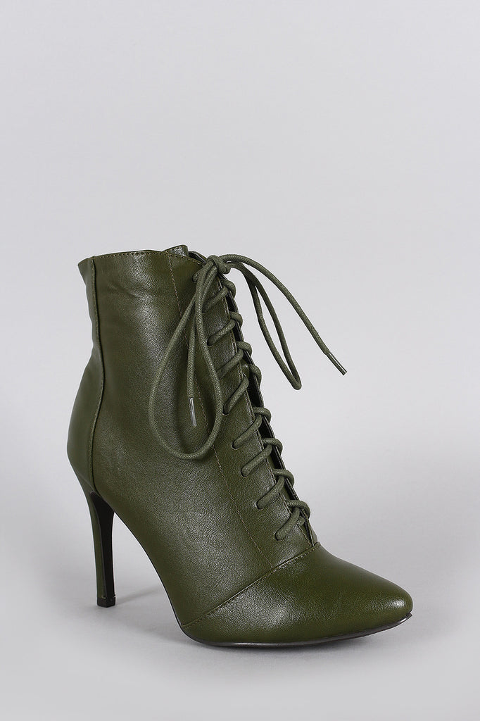 Breckelle Pointy Toe Lace Up Heeled Ankle Boots