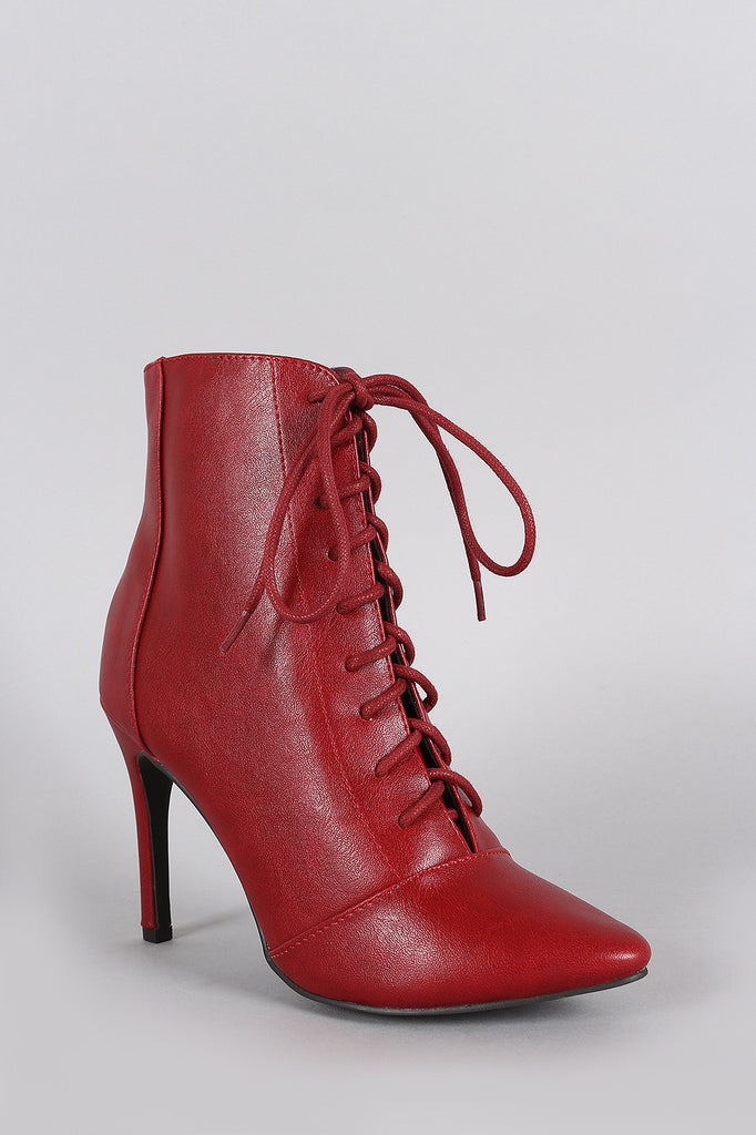 Breckelle Pointy Toe Lace Up Heeled Ankle Boots
