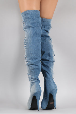 Distressed Denim Almond Toe Over-The-Knee Boots