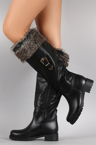 Buckled Faux Fur Cuff Knee High Rain Boots