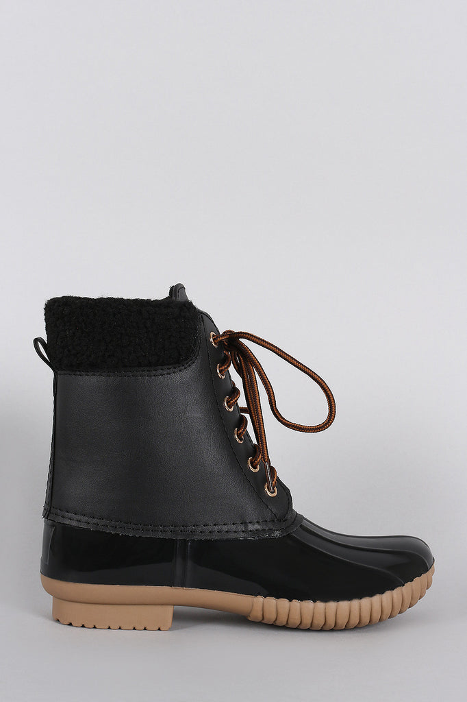 Shearling Cuff Round Toe Lace Up Duck Ankle Boots